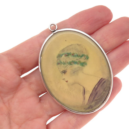 925 Sterling Silver Antique Art Deco Dutch Female Portrait Hand-Painted Pendant