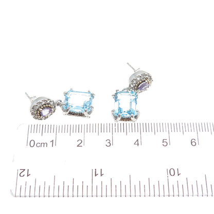 925 Sterling Silver 2-Tone Real Blue & White Topaz Amethyst Dangle Earrings