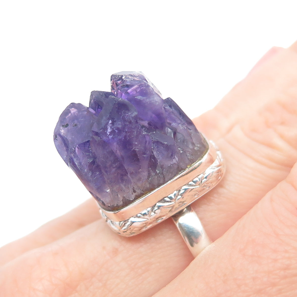 925 Sterling Silver Vintage ASC Real Amethyst Modernist Statement Ring Size 8.25