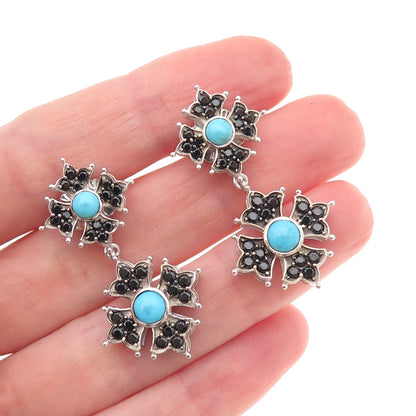 925 Sterling Silver Real Turquoise & Black Spinel Floral Cross Dangle Earrings