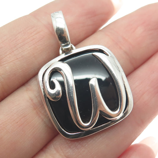 925 Sterling Silver Vintage Real Black Onyx Letter "W" Initial Pendant