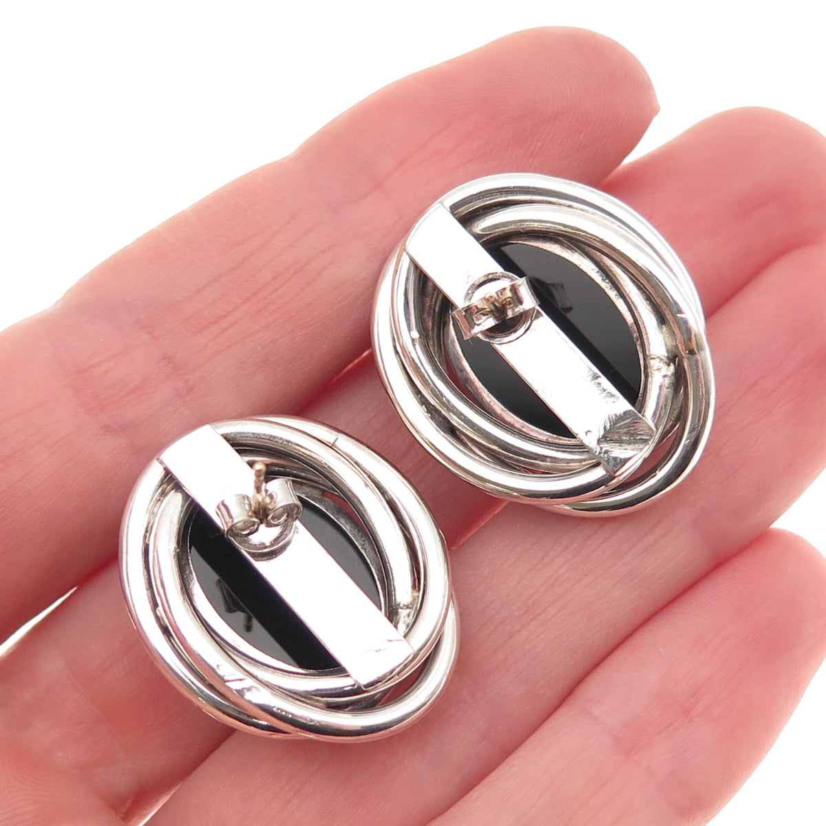 Peter Brams 925 Sterling Silver 14K Gold Posts Vintage Real Black Onyx Earrings