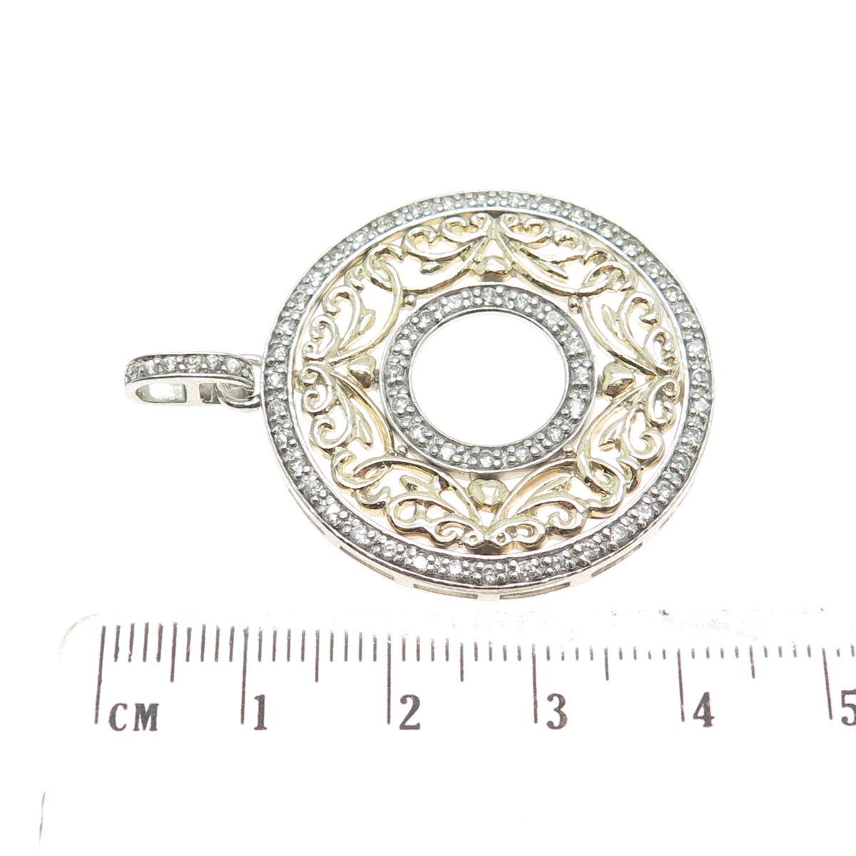 925 Sterling Silver 2-Tone Round-Cut C Z Floral Circle Pendant