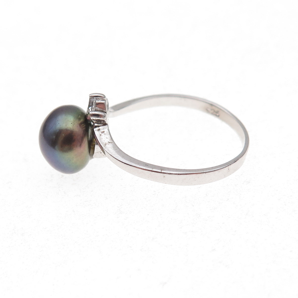925 Sterling Silver Real Tahitian Pearl & C Z Ring Size 5.75
