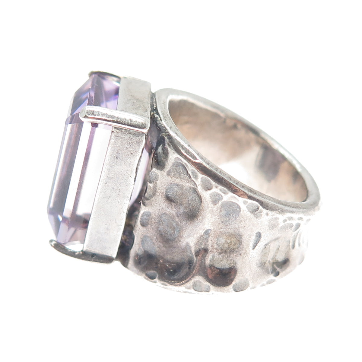 925 Sterling Silver Vintage Real Emerald-Cut Amethyst Hammered Ring Size 7.5