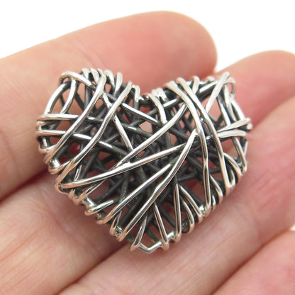 925 Sterling Silver Vintage Round-Cut C Z Modernist Wire Heart Slide Pendant