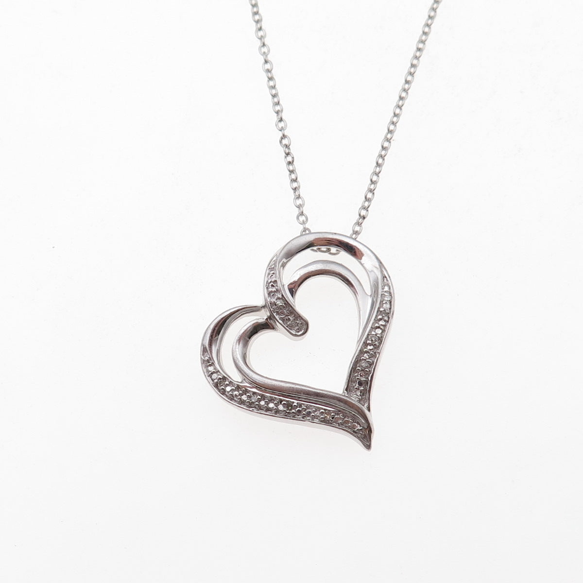 925 Sterling Silver Real Round-Cut Diamond Heart Cable Chain Necklace 18"