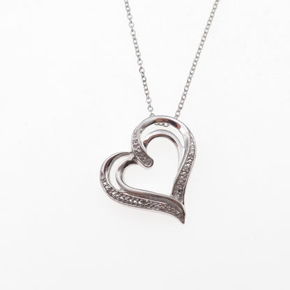925 Sterling Silver Real Round-Cut Diamond Heart Cable Chain Necklace 18"