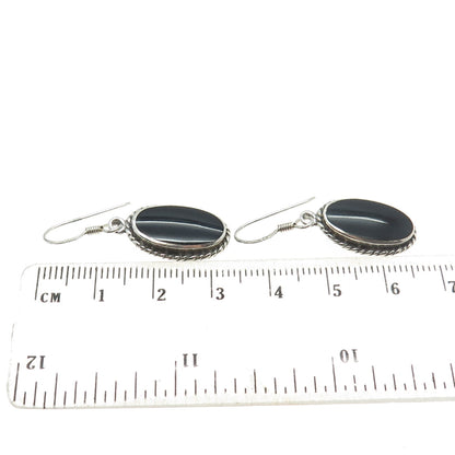 925 Sterling Silver Vintage Real Black Onyx Roped Dangling Earrings