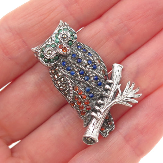 JUDITH JACK Sterling Vintage Real Lapis Garnet Malachite Marcasite Owl Brooch