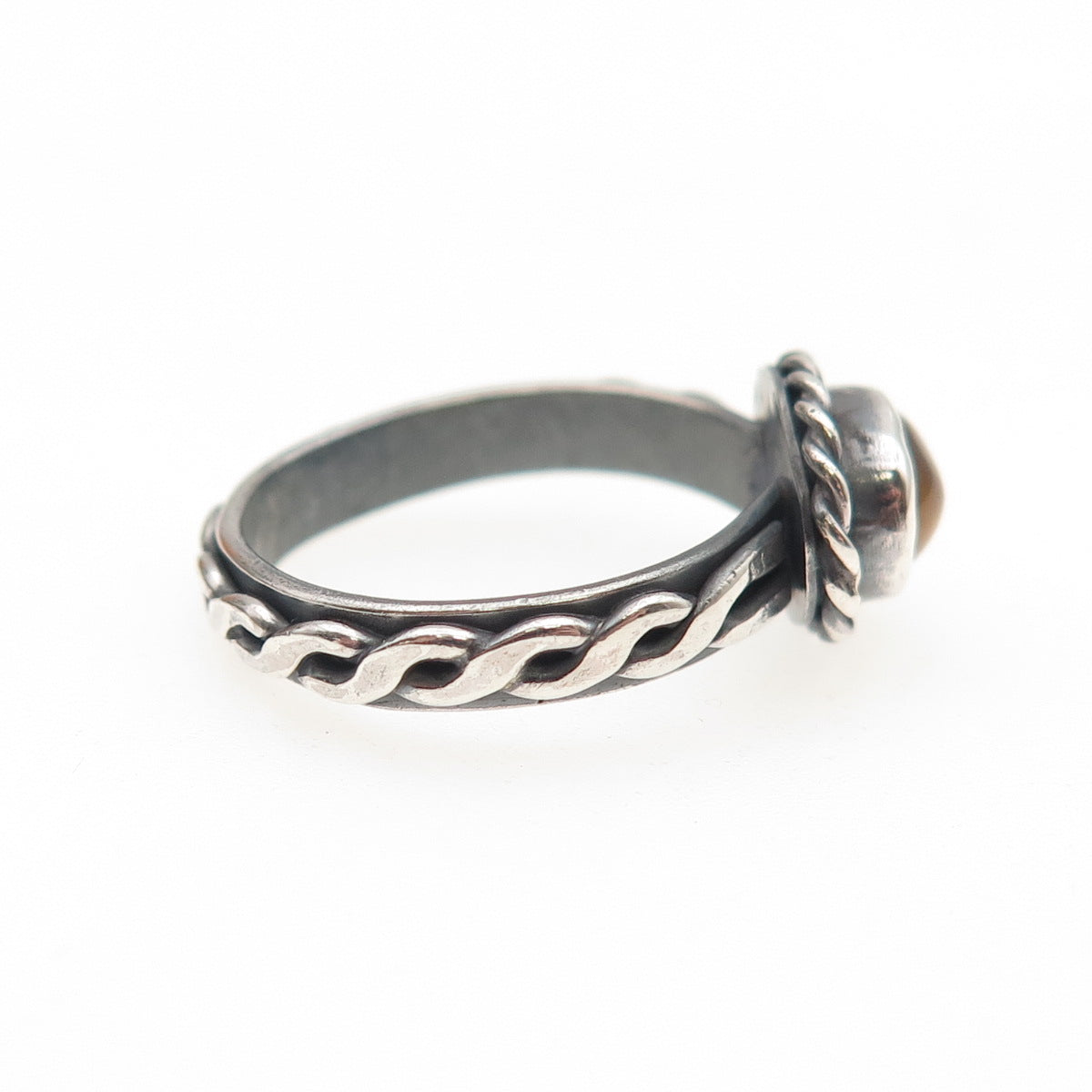 925 Sterling Silver Vintage Real Tiger Eye Woven Oxidized Ring Size 5.25