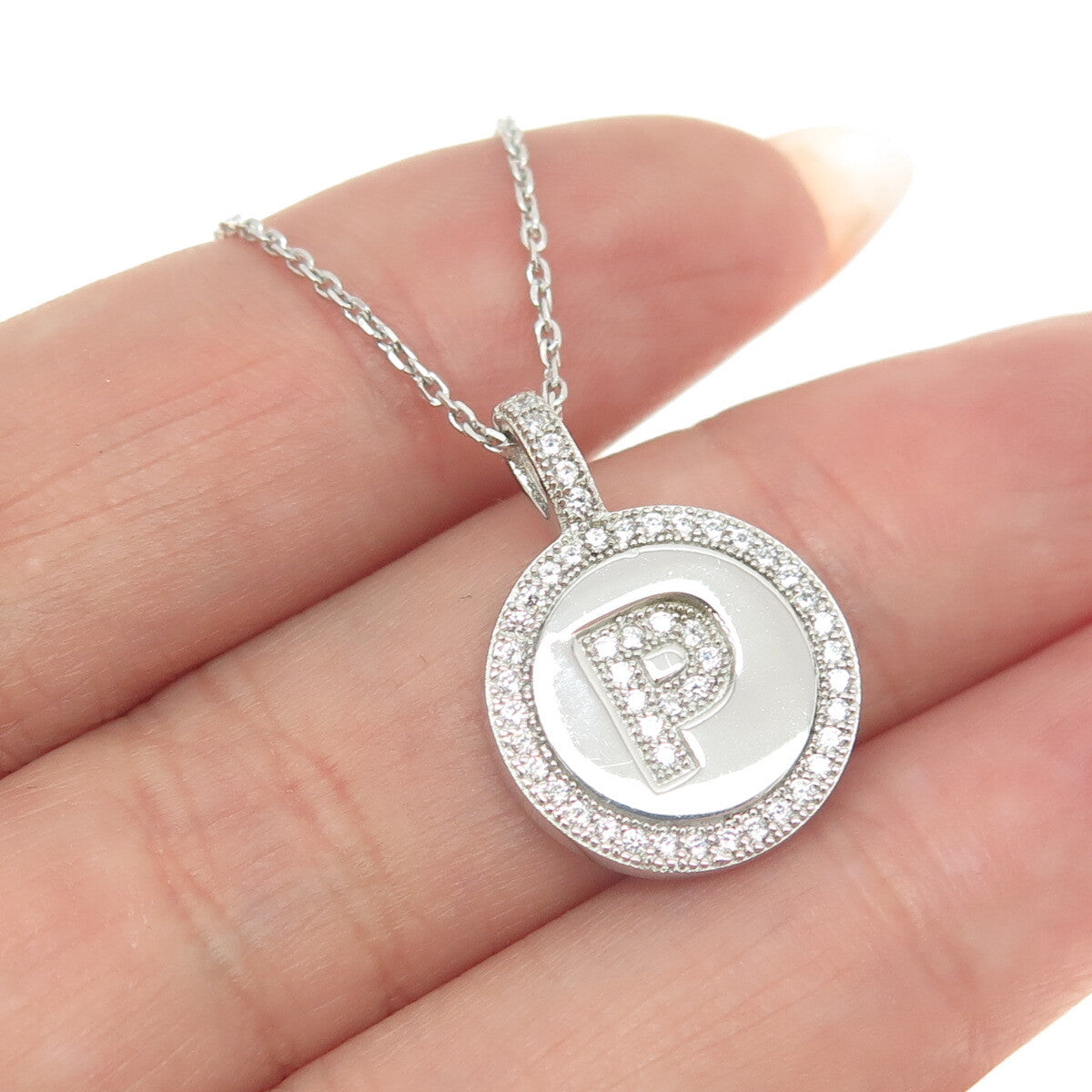925 Sterling Silver Round-Cut C Z Letter "P" Initial Cable Chain Necklace 16"