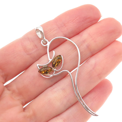 925 Sterling Silver Vintage Real Amber Modernist Cat Charm Pendant