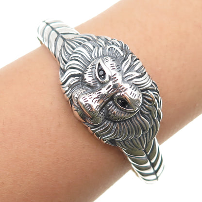 925 Sterling Vintage Real Black Spinel Lion Oxidized Adjustable Bracelet 7.25"