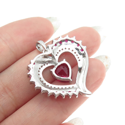 SAI 925 Sterling Silver Lab-Created Pink Sapphire Real White Topaz Heart Pendant