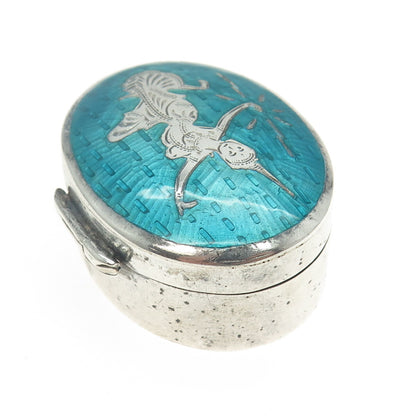 925 Sterling Silver Antique Siam Enamel Niello Hindu Goddess Pill / Snuff Box