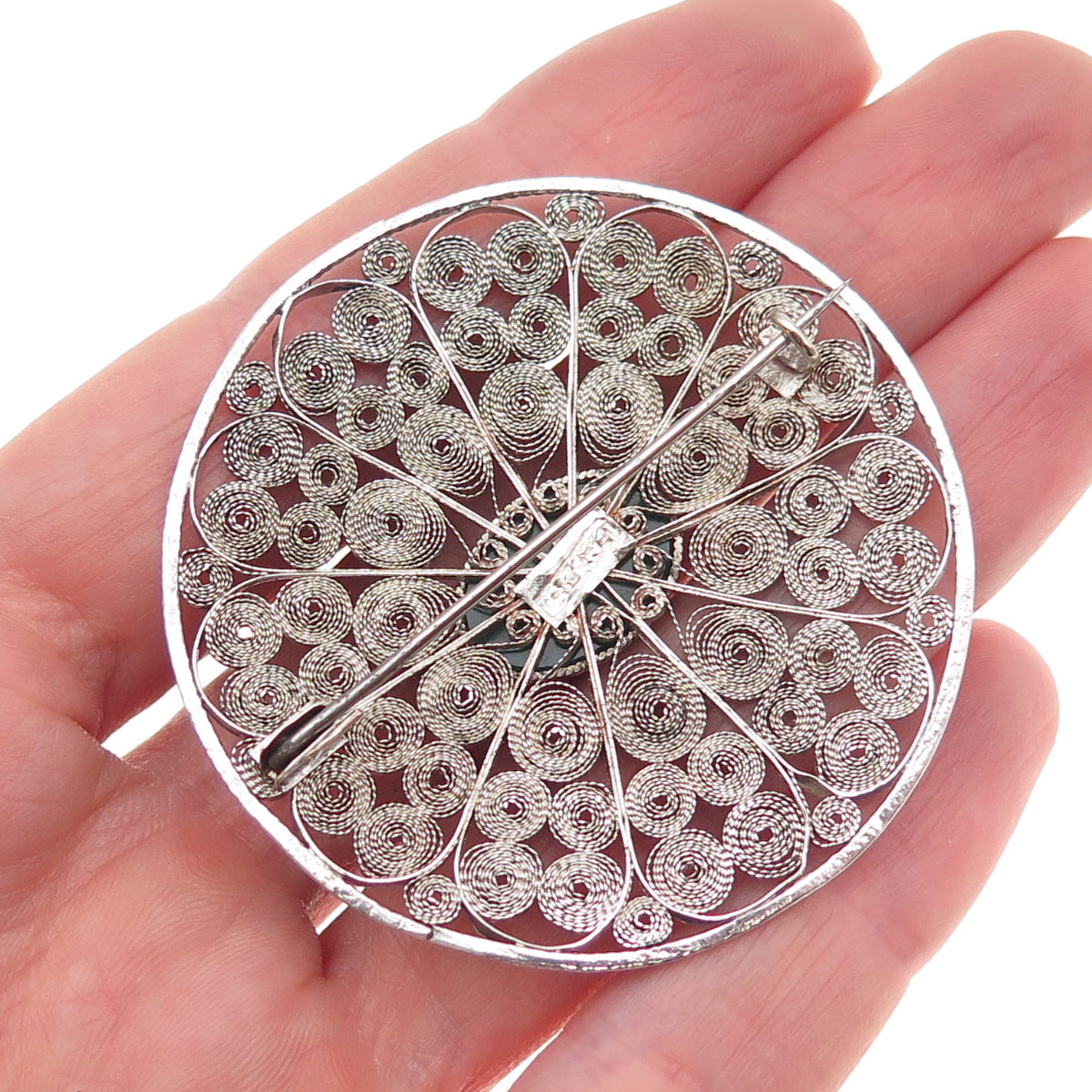 925 Sterling Silver Vintage Israel Real Green Onyx Floral Filigree Pin Brooch