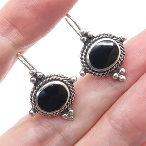 925 Sterling Silver Vintage Real Black Onyx Beaded Oxidized Earrings