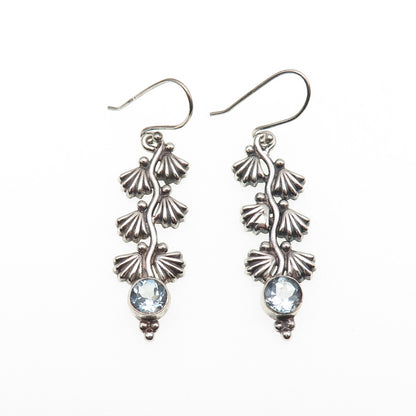 925 Sterling Silver Vintage Real Blue Topaz Floral Oxidized Dangle Earrings