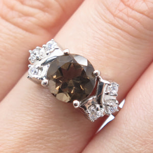 925 Sterling Silver Real Round-Cut Smoky Quartz & C Z Ring Size 8