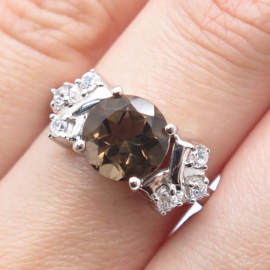 925 Sterling Silver Real Round-Cut Smoky Quartz & C Z Ring Size 8