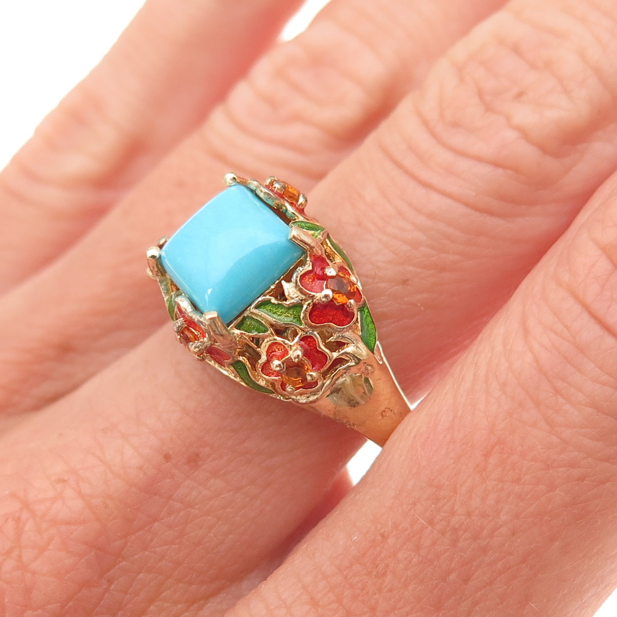 Chuck Clemency 925 Sterling Gold Plated Enamel Turquoise Citrine Ring Size 8.25