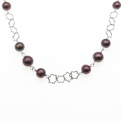 925 Sterling Silver Real Tahitian Pearl Beaded Star Chain Necklace 16-18"