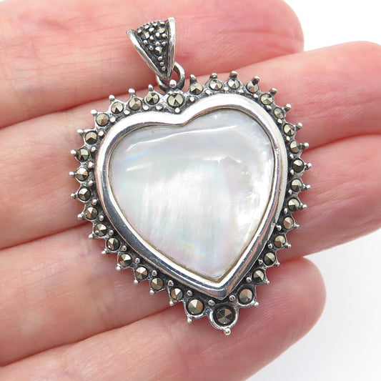 925 Sterling Silver Vintage Real MOP & Marcasite Heart Oxidized Charm Pendant