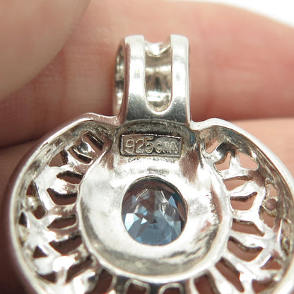 925 Sterling Silver Vintage Real Blue Topaz Gemstone Ornate Pendant