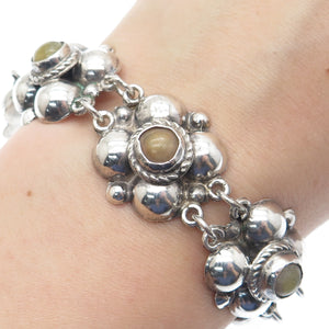 925 Sterling Silver Vintage Mexico Real Jasper Oxidized Flower Bracelet 6.75"