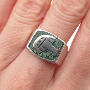 925 Sterling Silver Vintage Mexico Real Turquoise Inlay Aztec Ring Size 9