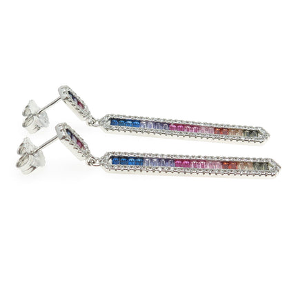 925 Sterling Silver Multi-Color Baguette-Cut C Z Bar Dangling Earrings