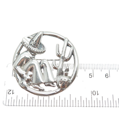 925 Sterling Silver Vintage Mexico Sombrero Man Desert Scene Pin Brooch
