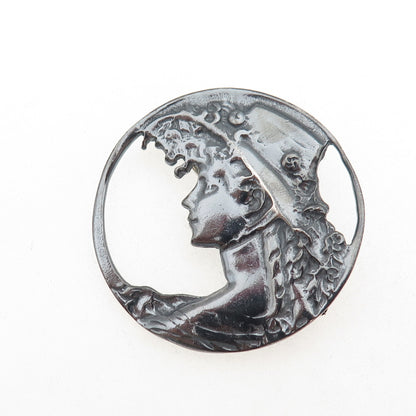 925 Sterling Silver Vintage Floral Lady Oxidized Pin Brooch