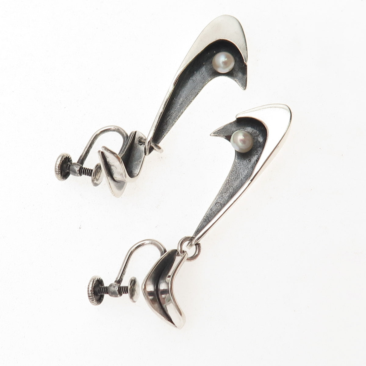 925 Sterling Silver Vintage Real Pearl Modernist Oxidized Screw Back Earrings