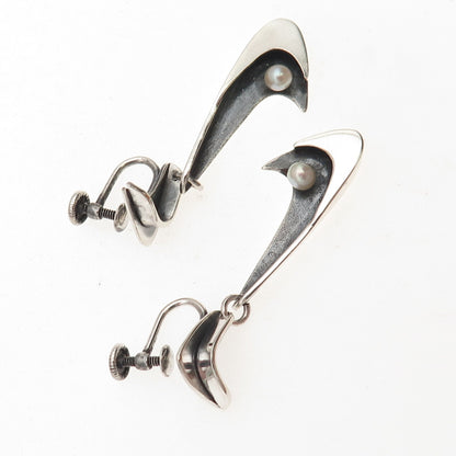 925 Sterling Silver Vintage Real Pearl Modernist Oxidized Screw Back Earrings