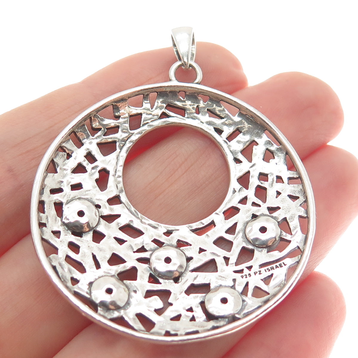 OR PAZ 925 Sterling Silver Vintage Israel Amethyst Ornate Crescent Disc Pendant