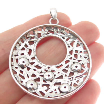 OR PAZ 925 Sterling Silver Vintage Israel Amethyst Ornate Crescent Disc Pendant