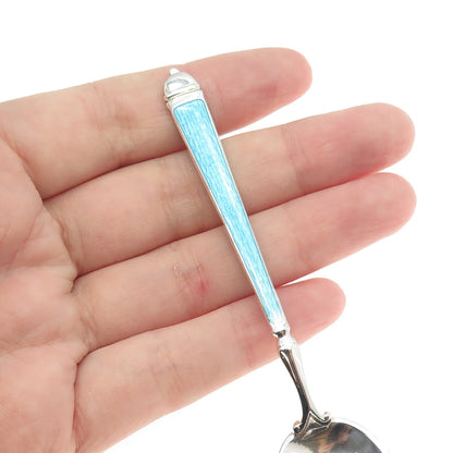 WATSON 925 Sterling Silver Vintage Blue & White Guilloche Enamel Coffee Spoon