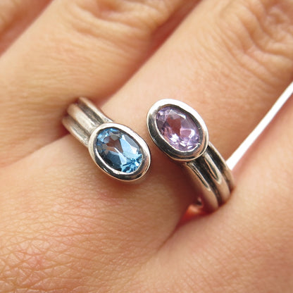 925 Sterling Silver Vintage Real Blue Topaz & Amethyst Adjustable Ring Size 7.75