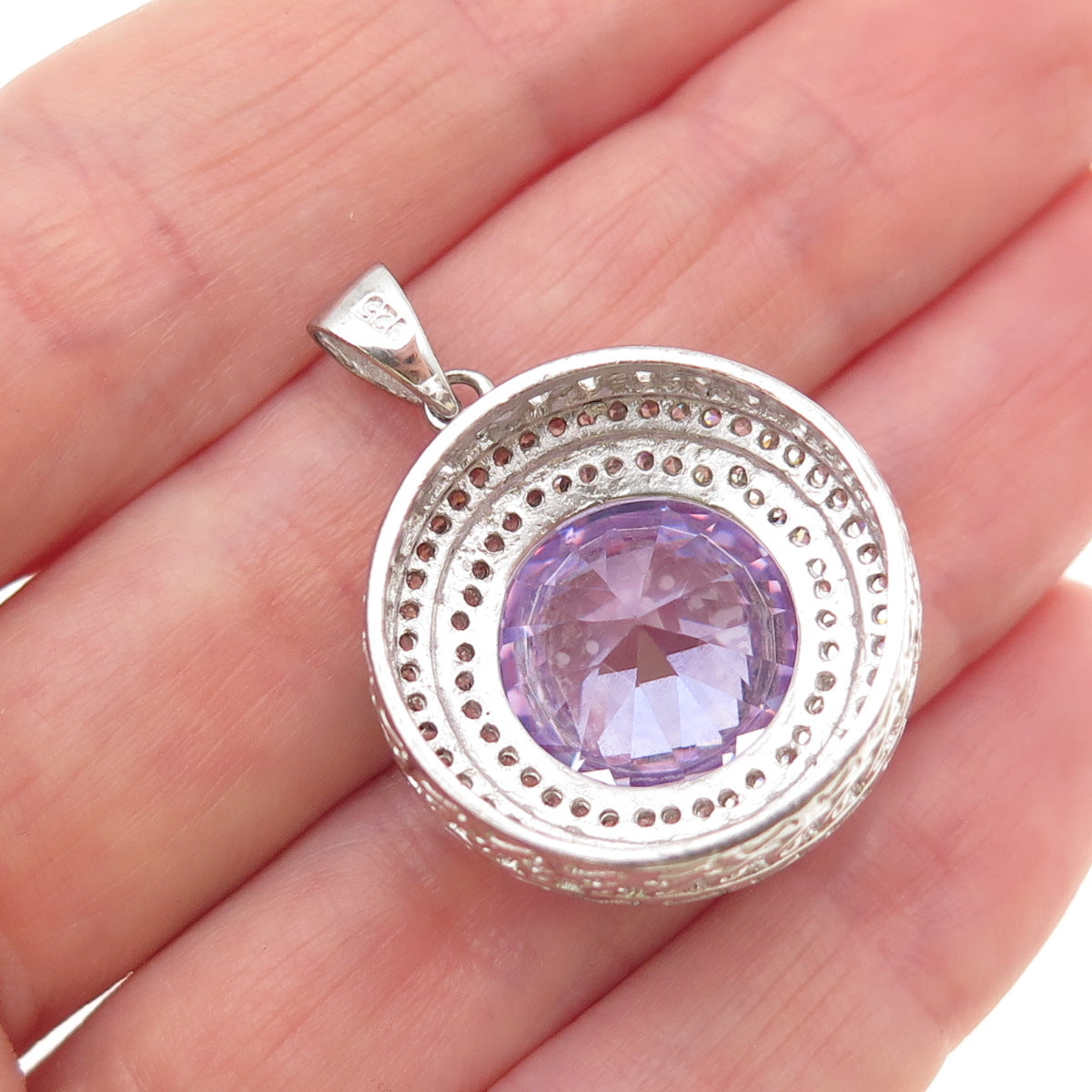 925 Sterling Silver Round-Cut Lavender & White C Z Charm Pendant