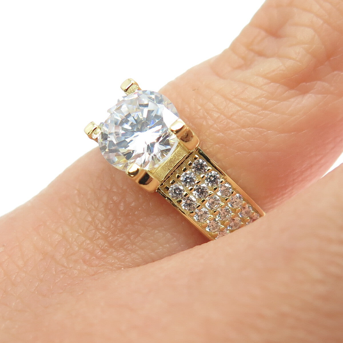 925 Sterling Silver Gold Plated Round-Cut C Z Engagement Ring Size 5.25