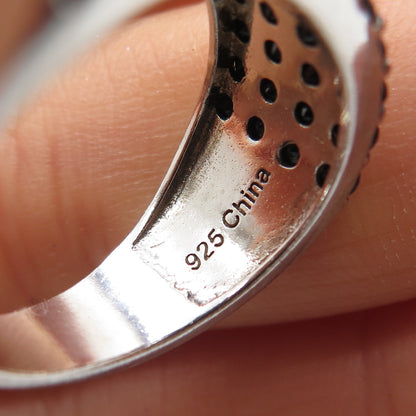 925 Sterling Silver Real Round-Cut Black Spinel Wavy Ring Size 8