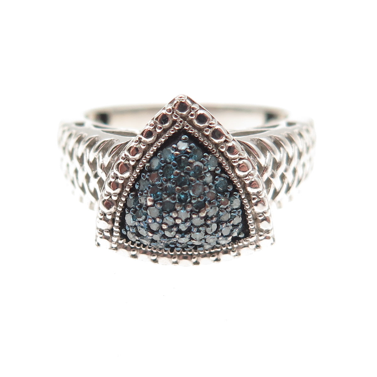 925 Sterling Silver Real Round-Cut Blue Diamond Triangle Ring Size 5