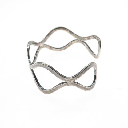 925 Sterling Silver Vintage Modernist Wavy Oxidized Adjustable Cuff Bracelet 7"