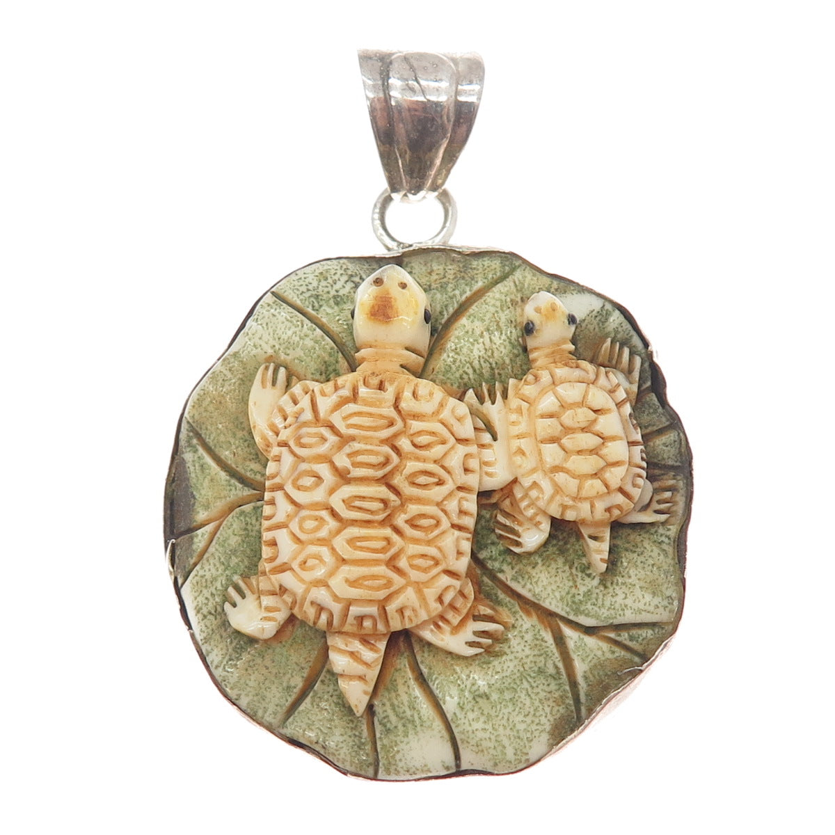 925 Sterling Silver Vintage Carved Mom & Child Turtle Modernist Oxidized Pendant