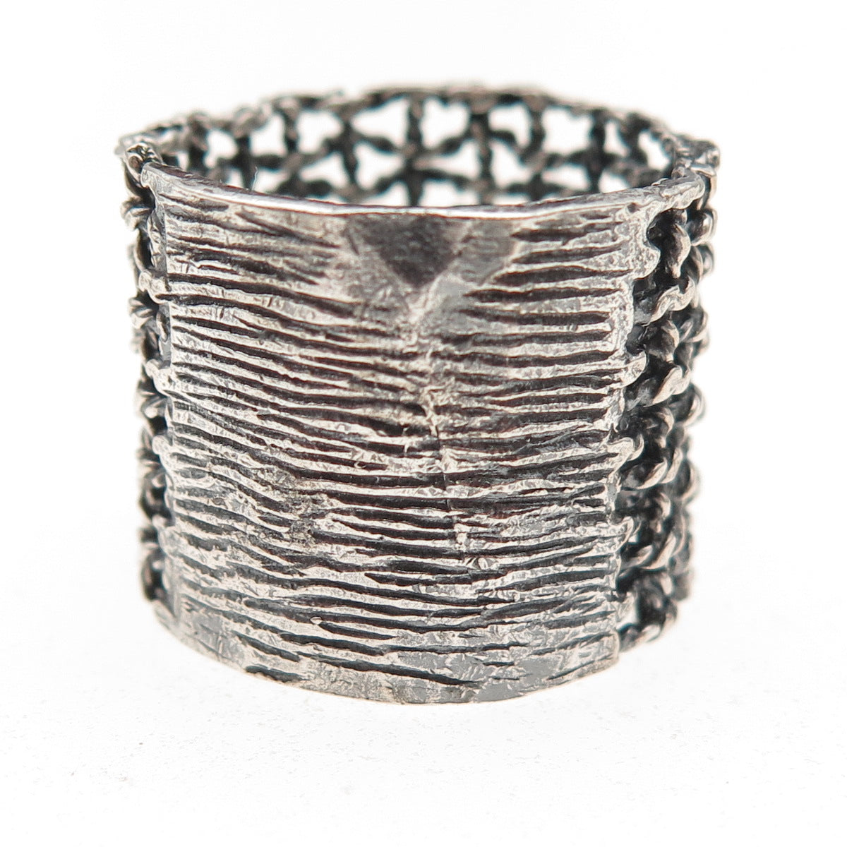 925 Sterling Silver Vintage Modernist Cage Oxidized Ring Size 8.5