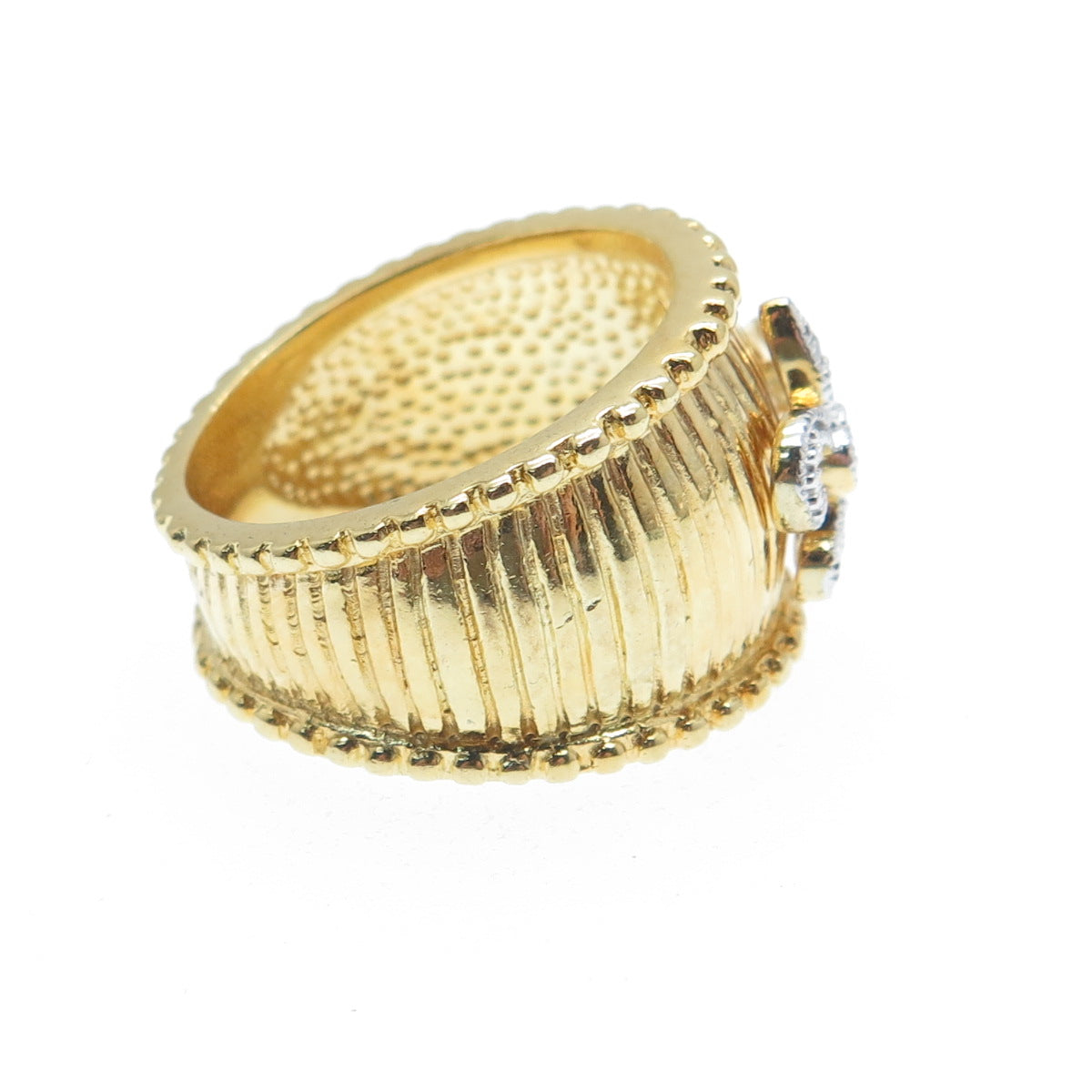 925 Sterling Silver Gold Plated Round-Cut Shaped C Z Fleur-de-Lis Ring Size 7.25