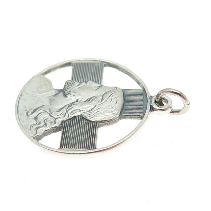 ANTAYA 925 Sterling Silver Vintage Jesus Cross Religious Round Charm Pendant