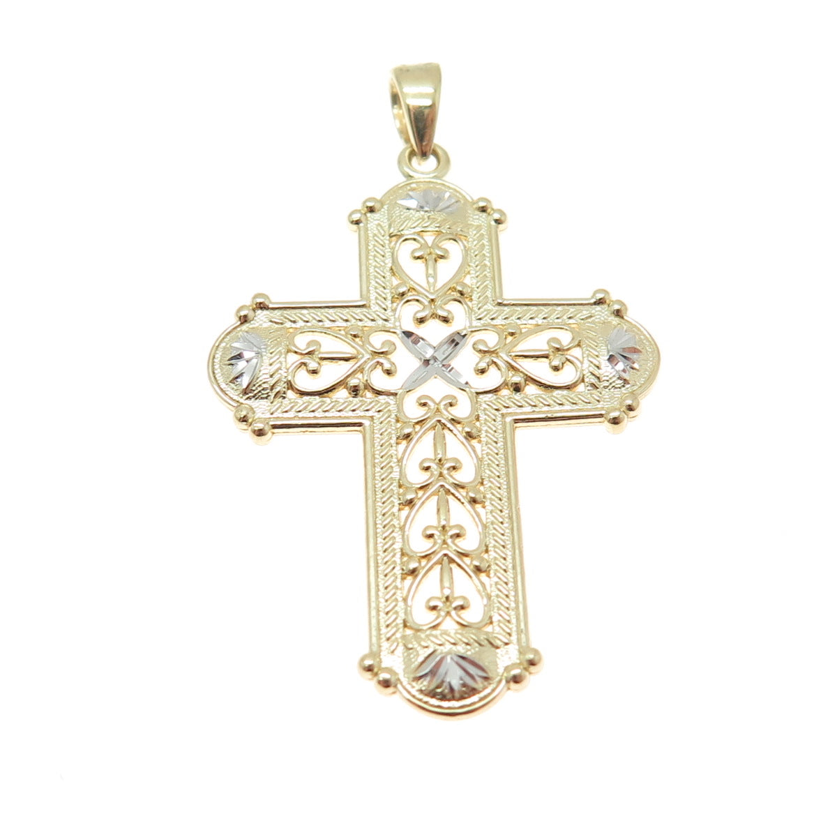 14K Yellow & White Gold Diamond-Cut Floral Heart Cross Religious Charm Pendant